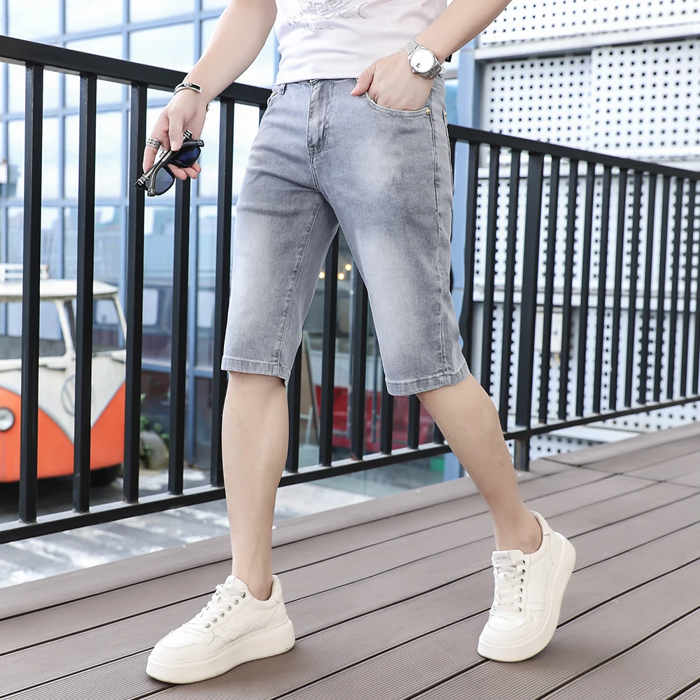 夏季新款五分牛仔裤3375男士牛仔中裤修身小脚弹力牛仔短裤薄款