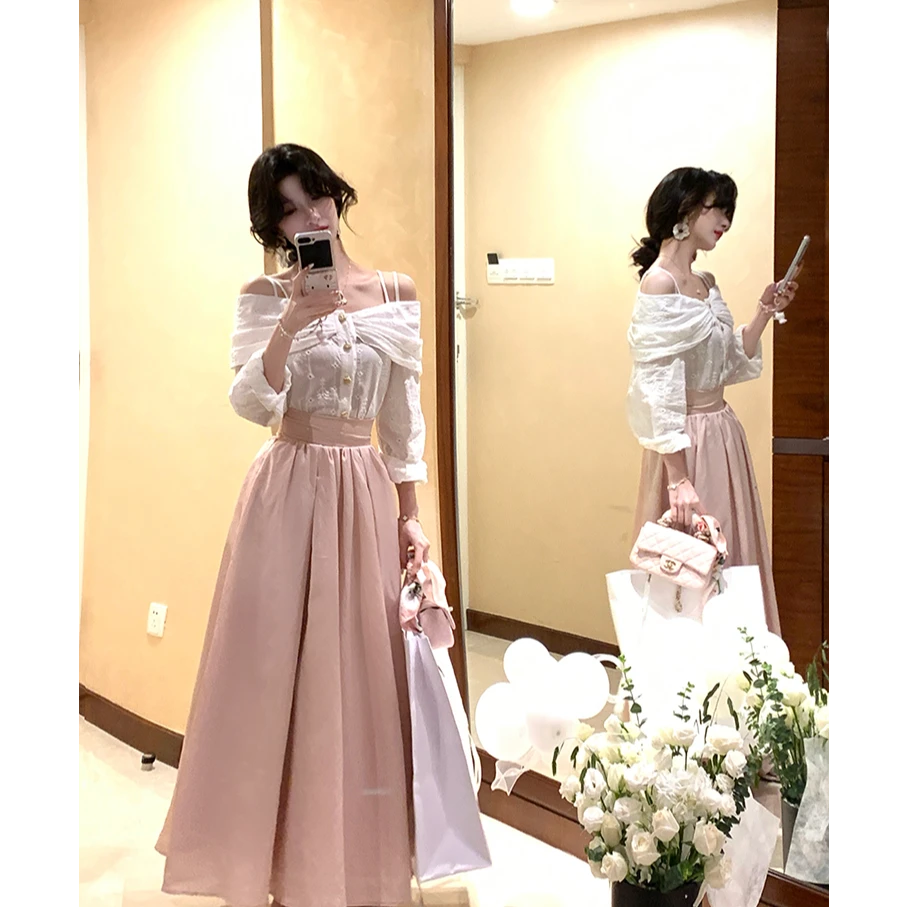 【糖糖】大码女装重工刺绣蝴蝶结吊带一字肩拼接芭蕾连衣裙12950