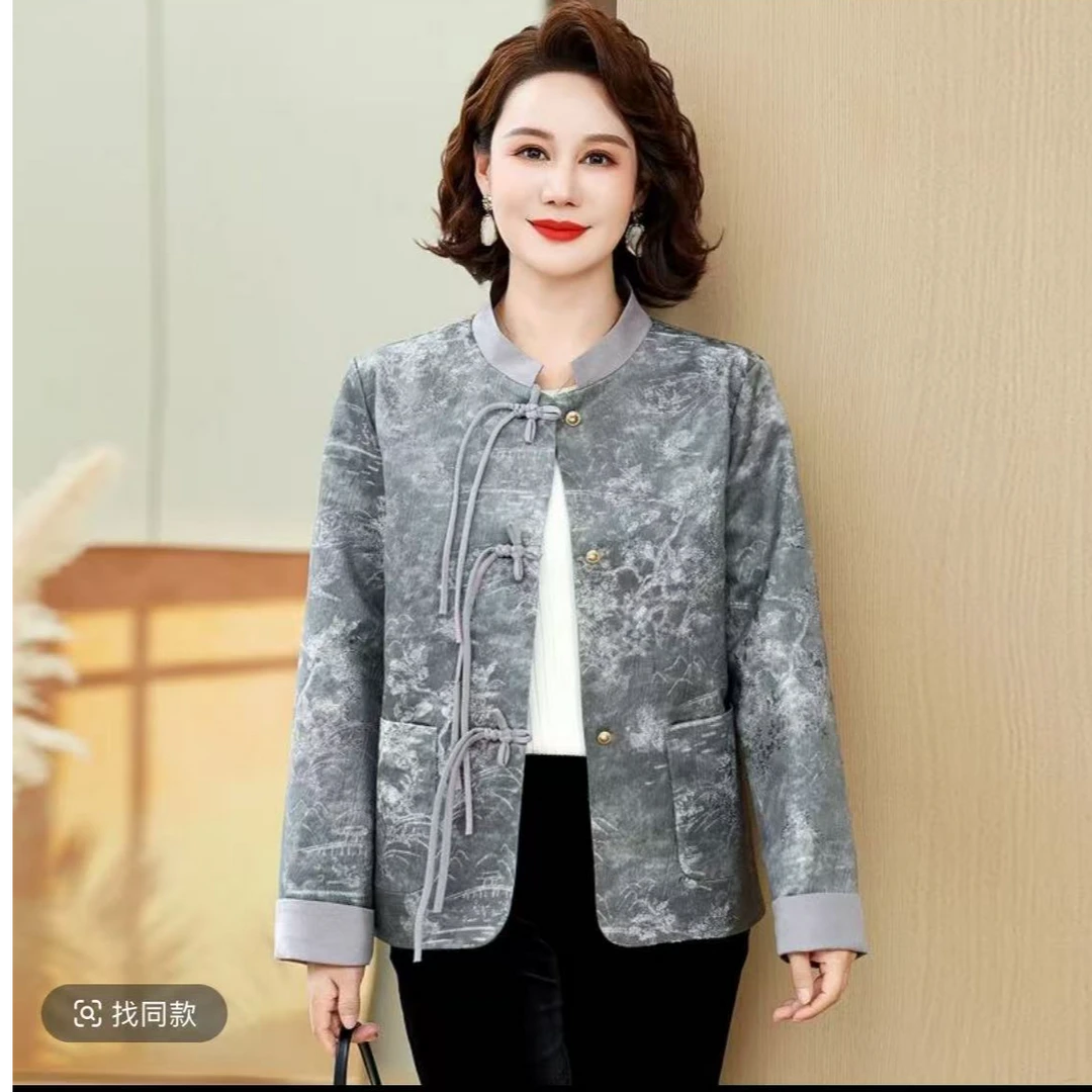 726-春秋碎花中老年女装口袋休闲厚款立领秋季复古薄款时尚洋气
