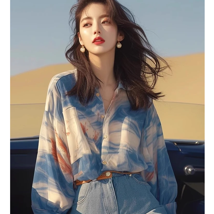 法式高级感多巴胺蓝色晕染长袖衬衫春季新款小清新甜美显白上衣潮