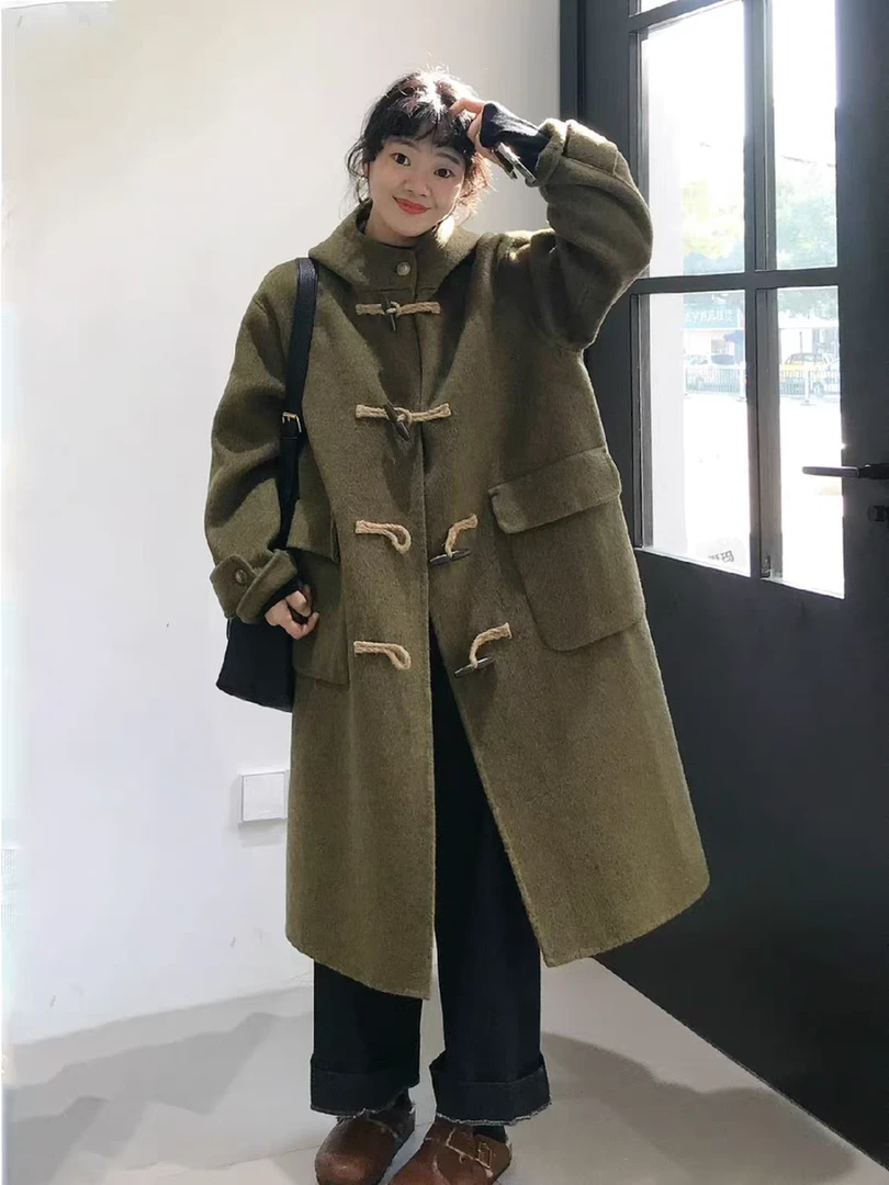 女直筒型秋冬直下摆连帽毛呢外套韩版外套时尚
