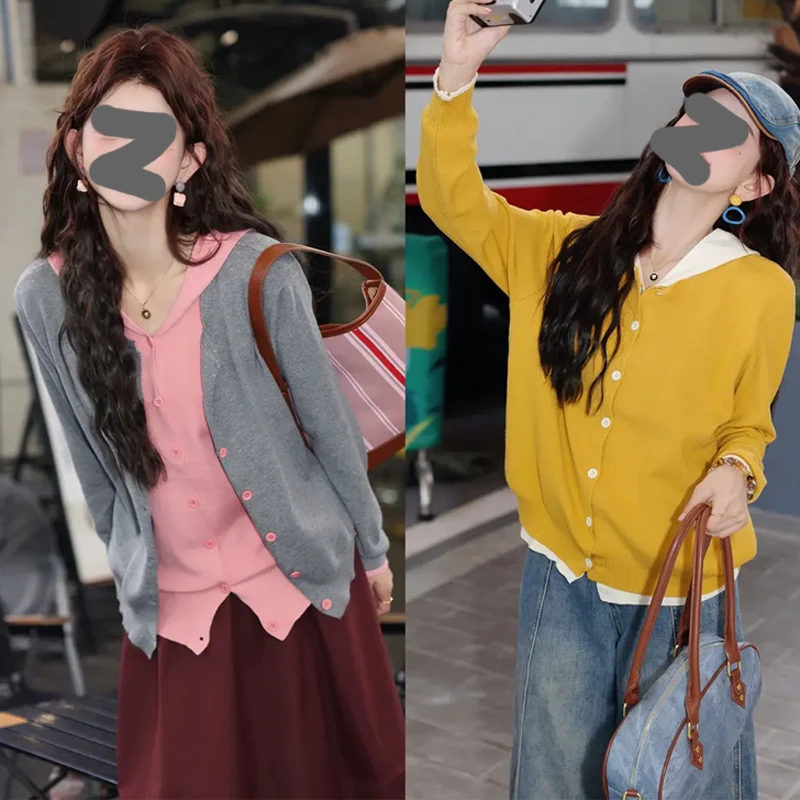 港风复古假两件连帽拼色长袖针织上衣女2025秋季新款时尚减龄长袖