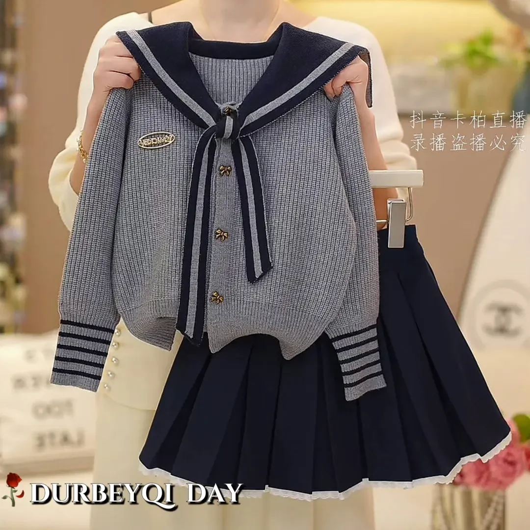 女童2025春季新款海军翻领松紧腰百褶裙套装儿童春秋女童时尚