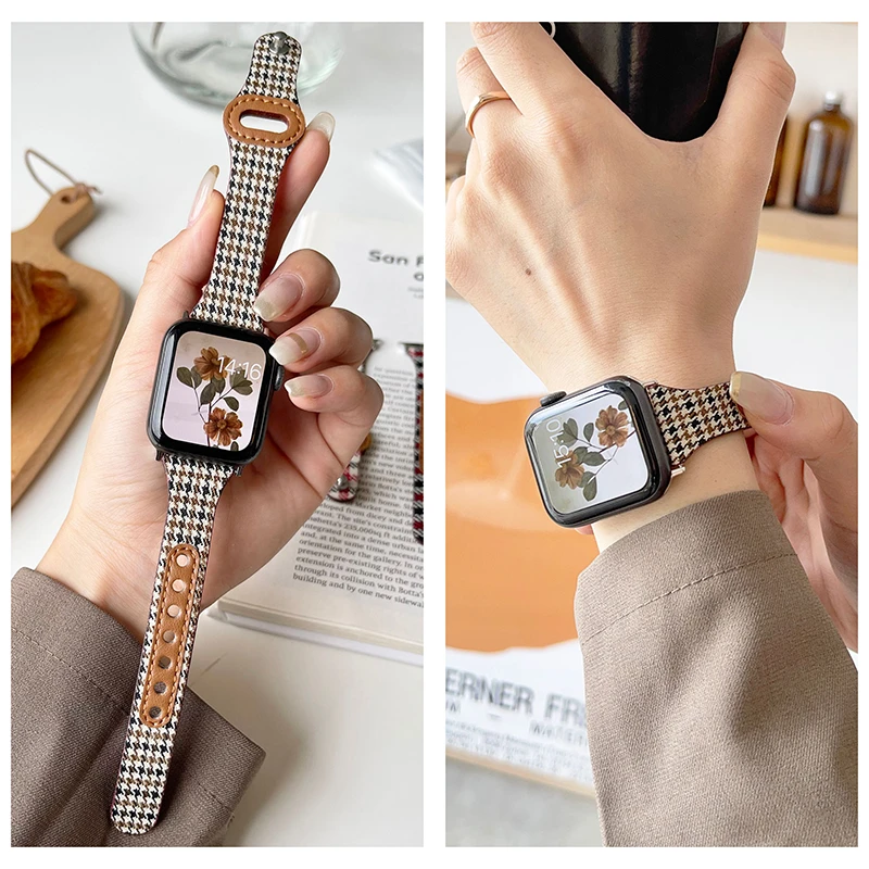 适用苹果手表小蛮腰帆布千鸟格真皮表带appleiwatch11s10/9ultra