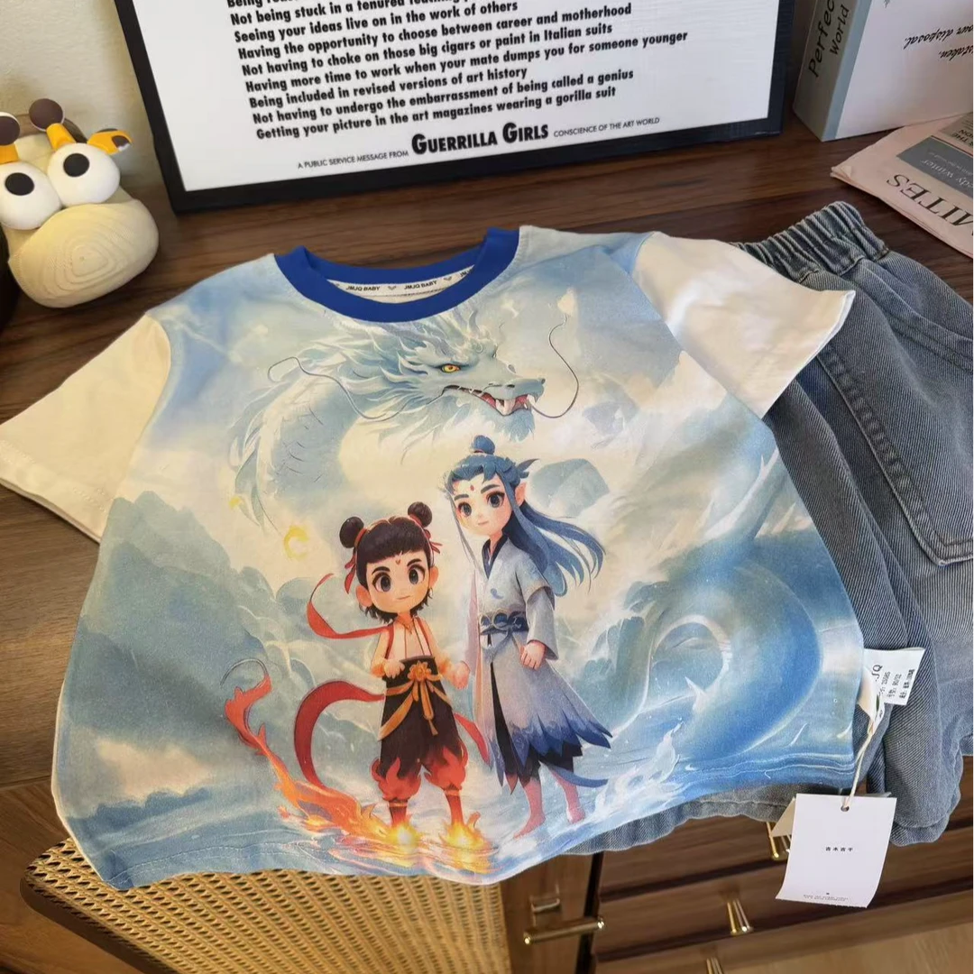 YM新款【JMJQ 25585】夏季新款儿童印花休闲圆领哪吒印花短袖