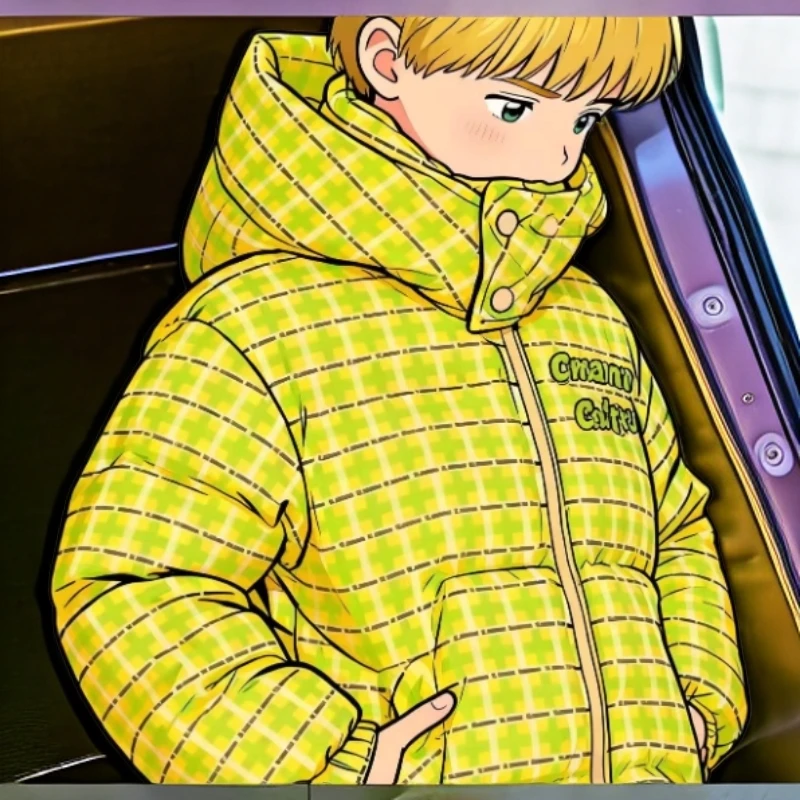 卡//男女童黄绿格子短款羽绒服