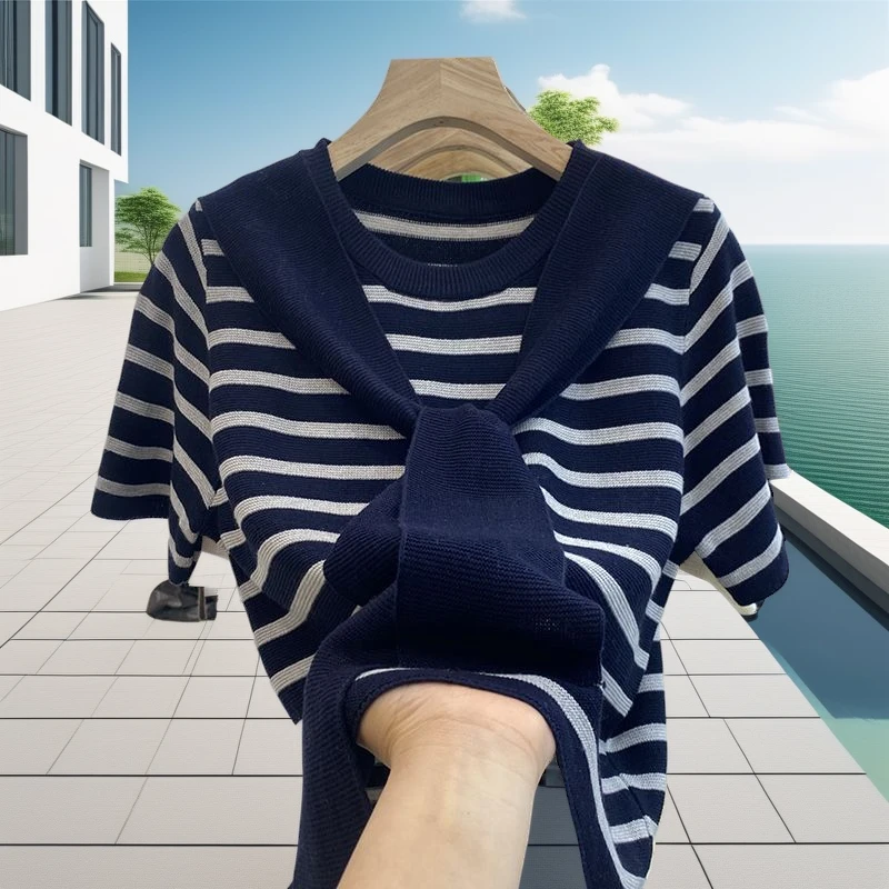 冰丝条纹短袖T恤薄款女春夏爆款时尚气质假两件针织衫宽松上衣