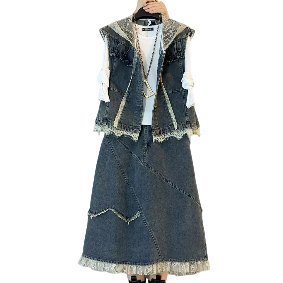 大维罗依YLY  秋季新款蕾丝拼接连帽牛仔马甲套裙