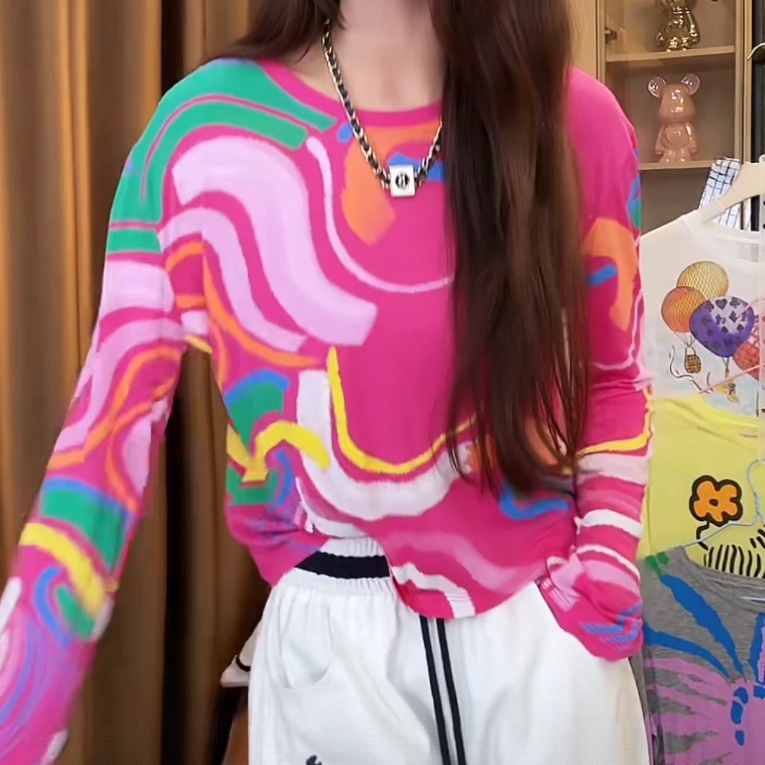 设计师时尚重工百搭长袖T恤女2025夏季新款撞色宽松显瘦防晒上衣