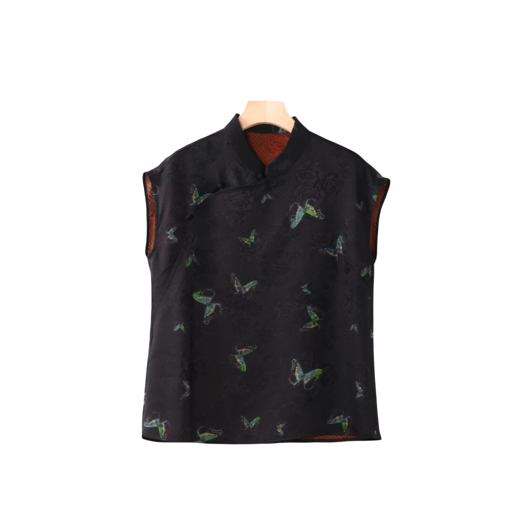 【花夜蝶】新中式桑蚕丝国风夏季圆领复古文艺上衣女款提花显瘦百搭