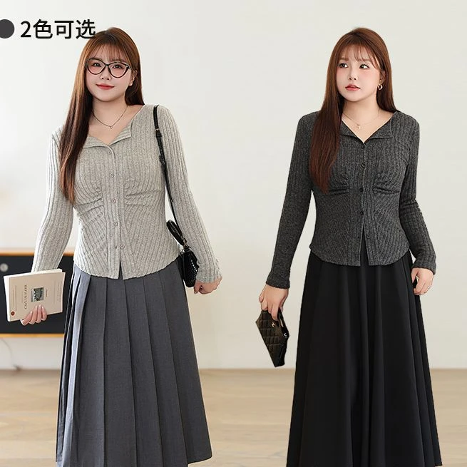 仟艺【柔肤质感】雾面肌理收腰捏褶翻领通勤设计感V领长袖小开衫