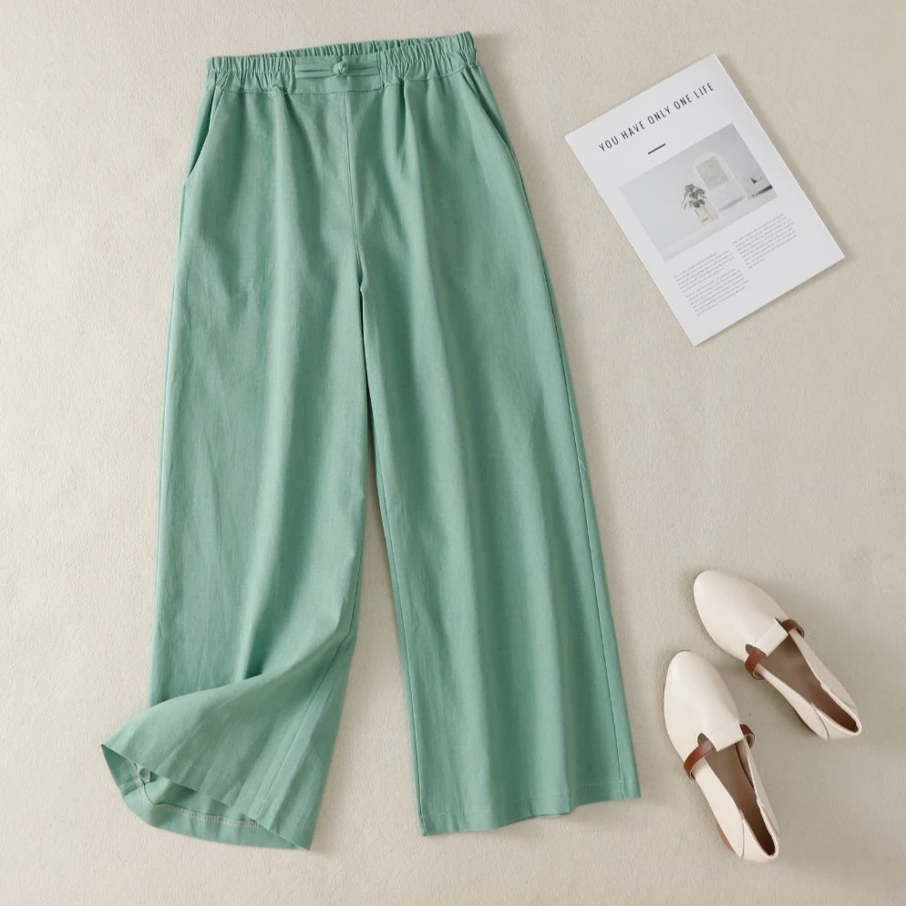 【现货+运费险】春夏新款九分阔腿裤子宽松透气棉麻高腰休闲裤松紧