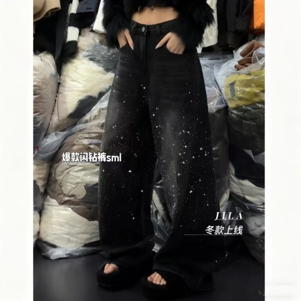 【夕夕专属】冬季设计感满天星加绒/单料牛仔阔腿裤b3139  后背无钻