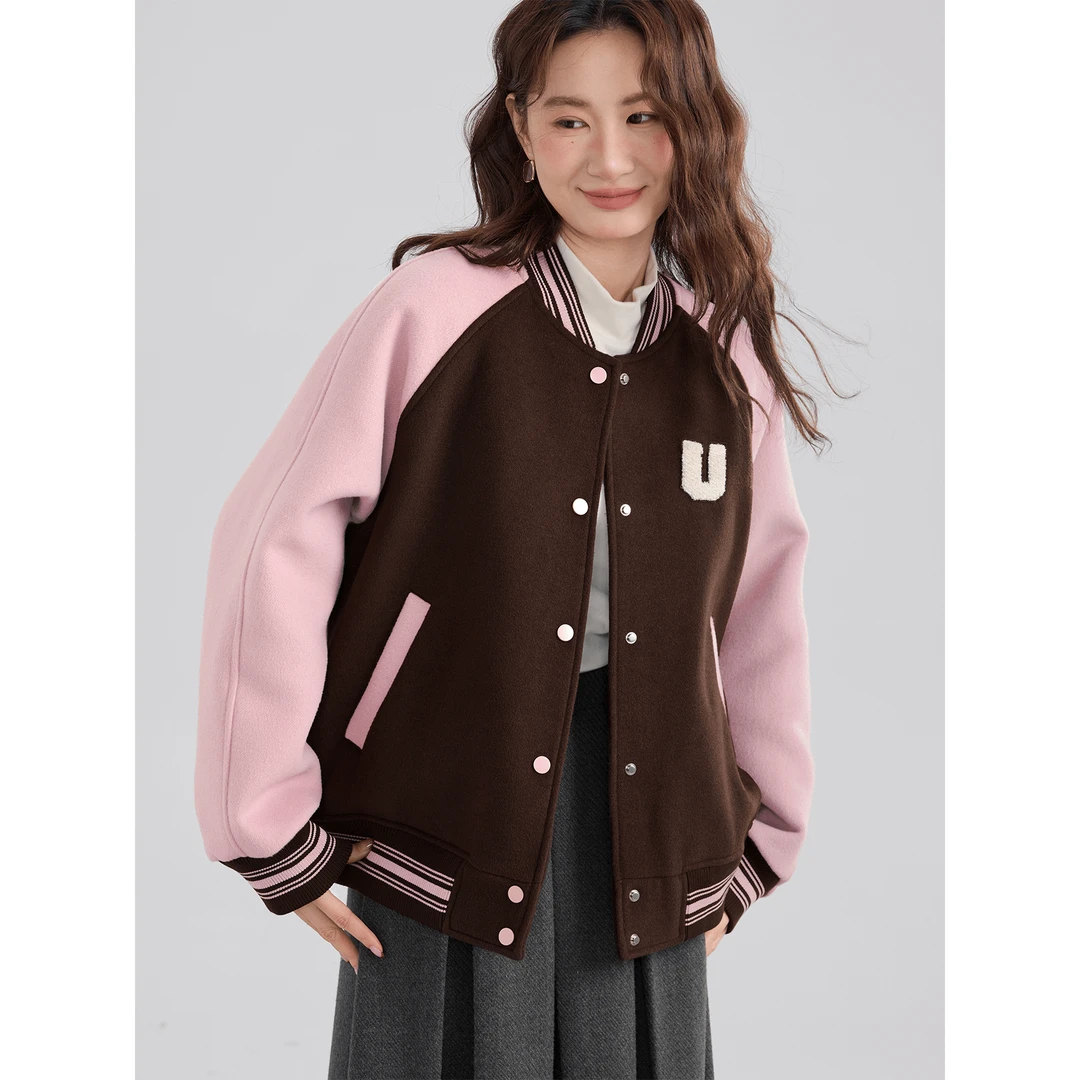 爱蔷薇大码夹棉棒球服女加厚毛呢外套女深秋初冬穿搭上衣GT75166