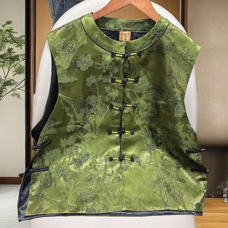 1003【金姐专属】新款马夹印花单排扣复古流苏双面扎染唐装提花马甲