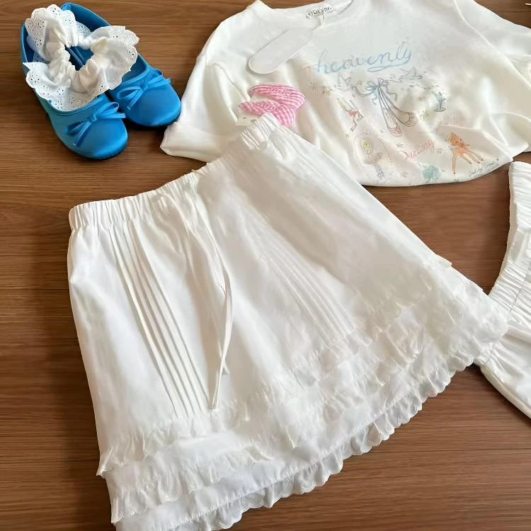 2025爆款夏季卡通半袖T恤蝴蝶结涂鸦印花正肩短袖花边短裙两件套