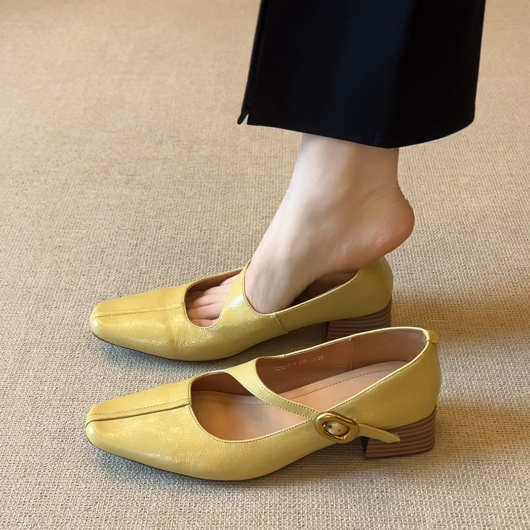 nnmiss•34-39/4cm简约纯色粗跟真皮玛丽珍法式温柔浅口粗跟单鞋