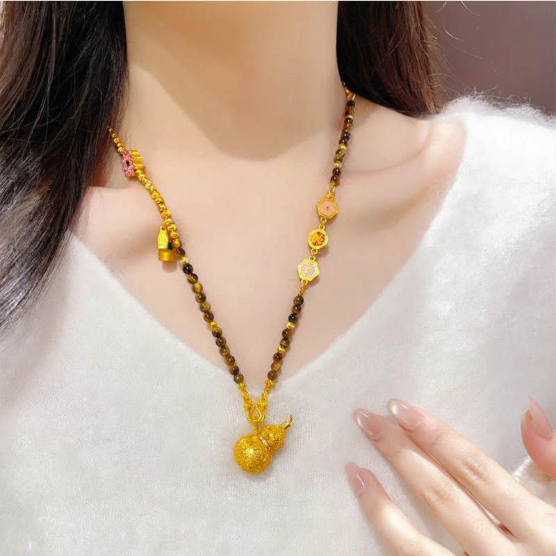 镀K金项链 拉丝葫芦重工项链吊坠金色百搭颈链编织