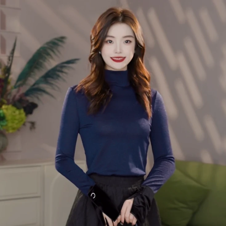 GIRDEAR/哥弟时尚拼接丝绒高质感百搭半高领打底衫1300265