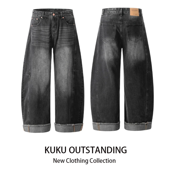 KUKU 美式复古水洗解构弯刀牛仔裤vintage宽松潮牌痞帅阔腿裤