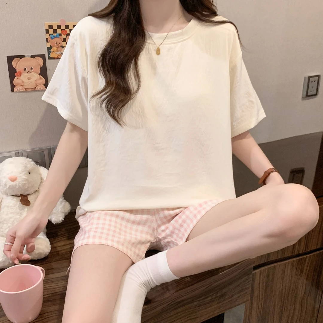 带胸垫套装睡衣女款夏季新款短袖短裤大码宽松休闲简约少女家居服