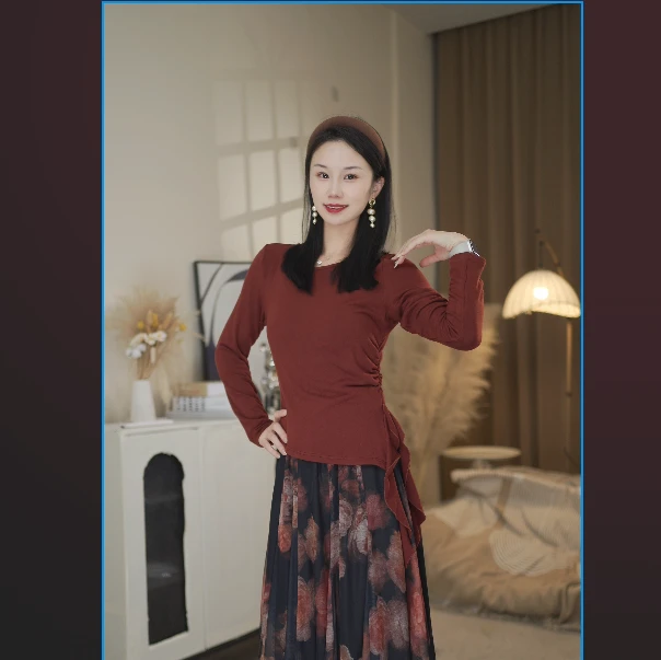 【上衣】2025秋季 气质显瘦半高领收腰 设计感长袖T恤纯色上衣女