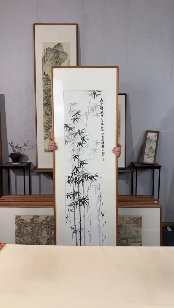 国画手绘*君子清风*52*172cm*原木色木框