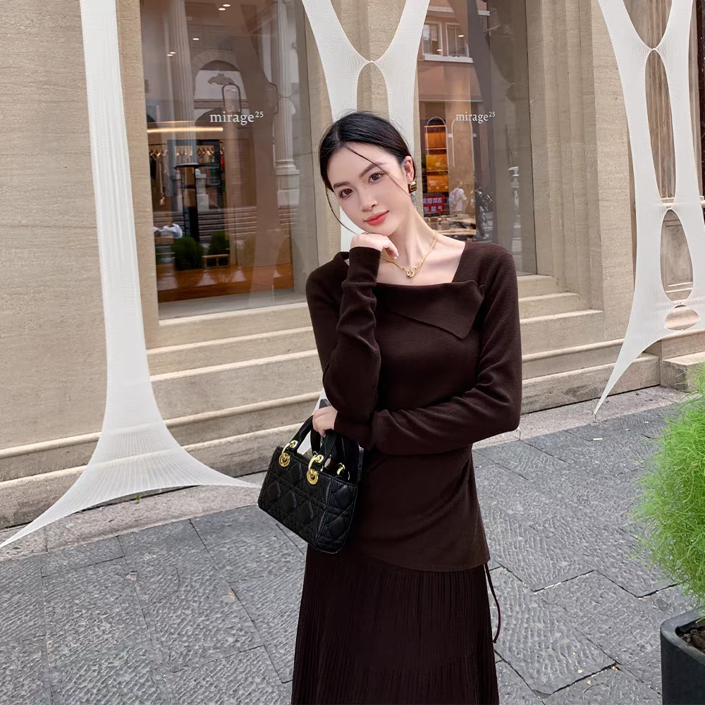 美拉德不规则设计款上衣女2025秋季新款显瘦修身上衣半身裙两件套