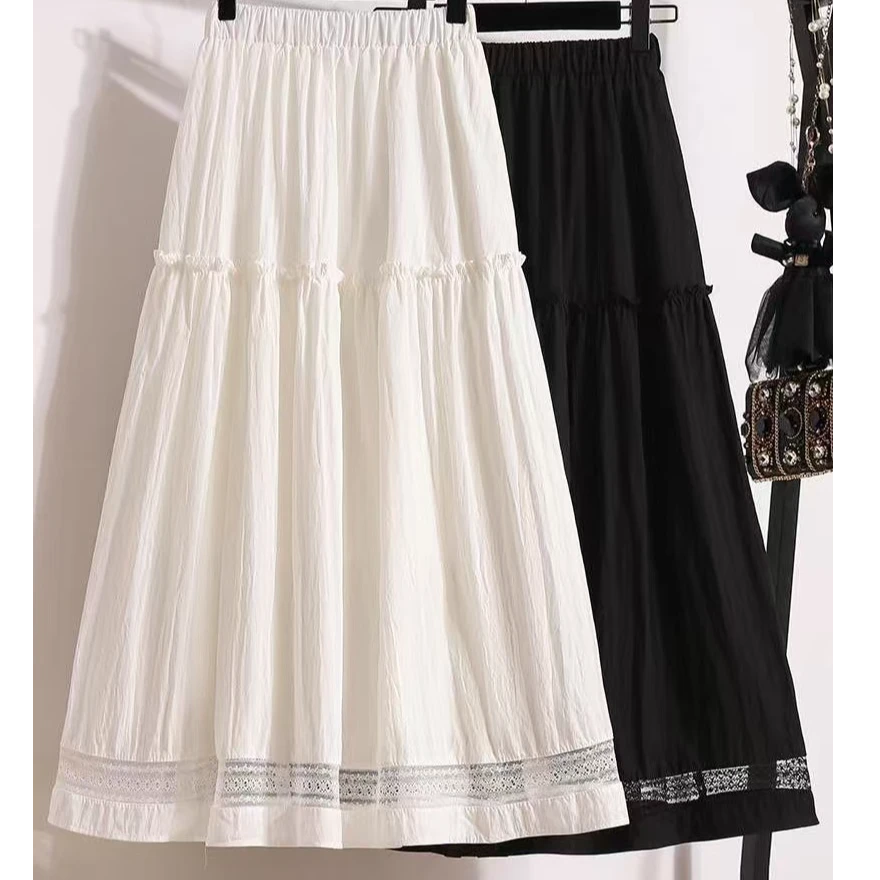 2024夏季新款白色蕾丝拼接半身裙女高腰a字大摆中长款蛋糕裙