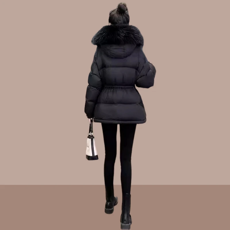 2025冬季新款女士时尚大毛领加厚棉服小个子休闲保暖纯色棉衣外套