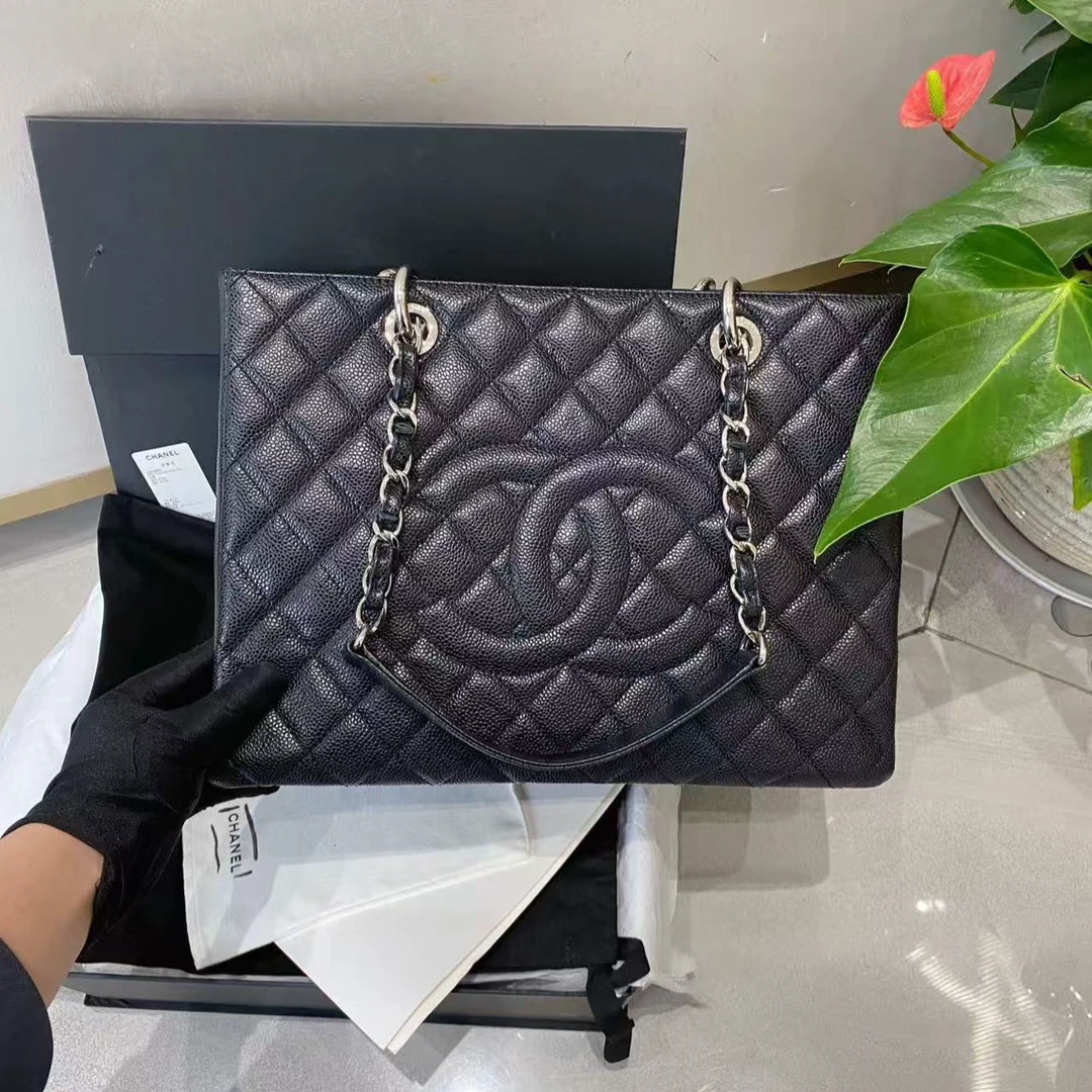 95新 Chanel/香奈儿 gst中号黑银荔枝牛皮单肩包17开97561414