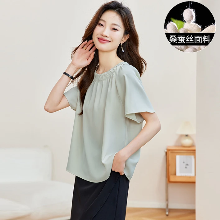 桐乡真丝圆领小衫女士短袖夏季新款时尚纯色洋气质t恤桑蚕丝上衣