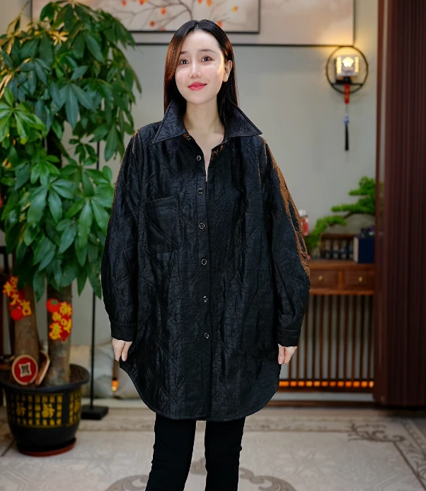 【禧宝的小店】黑油油的香云纱新雪丽棉服J25137-2