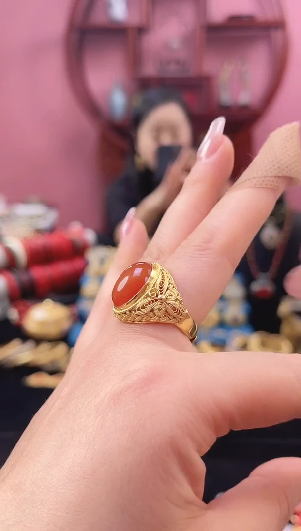 非遗 花丝镶嵌戒指 镀金 红色