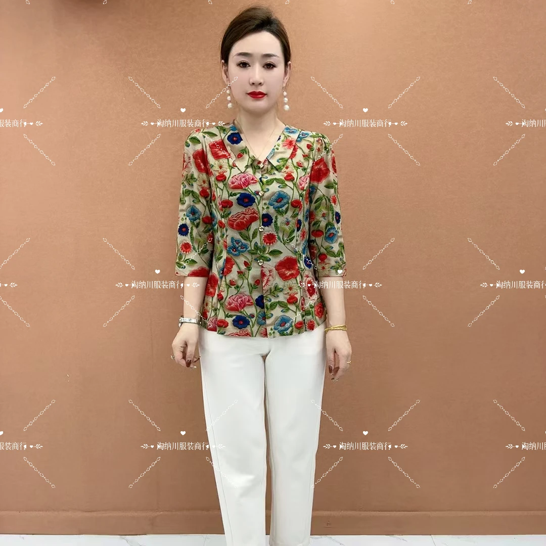 夏季新款母亲节国风宽松中老年女装洋气七分袖小衫减龄显瘦妈妈装