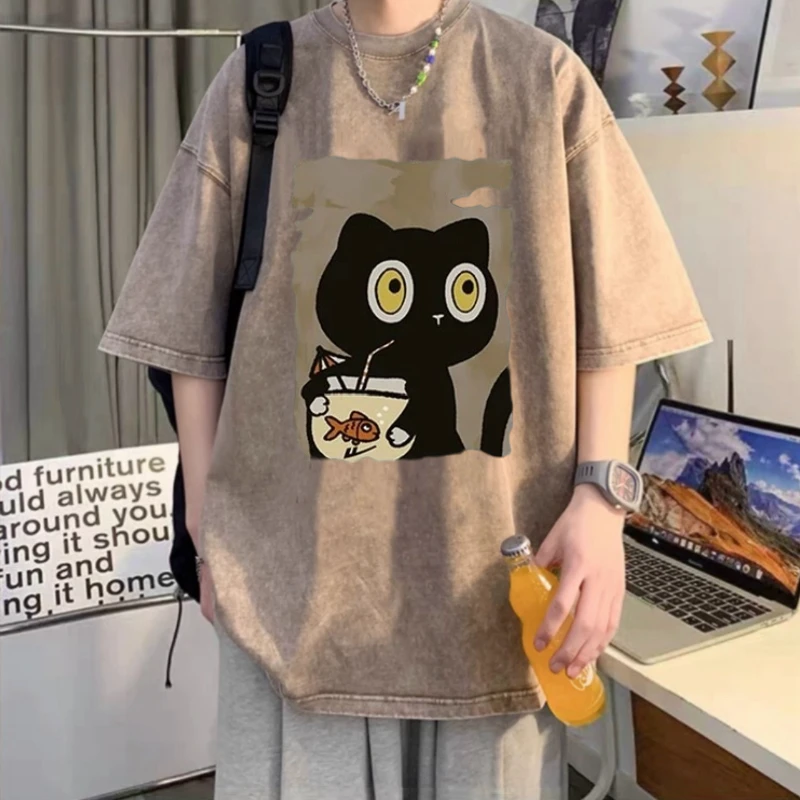 夏季美式重磅水洗做旧短袖T恤男宽松半袖高街体恤情侣打底衫潮牌