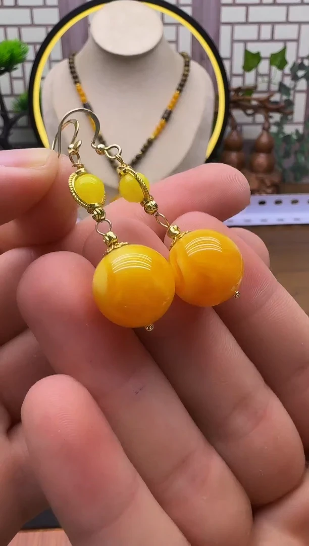 蜜蜡14K金镶嵌耳饰E155