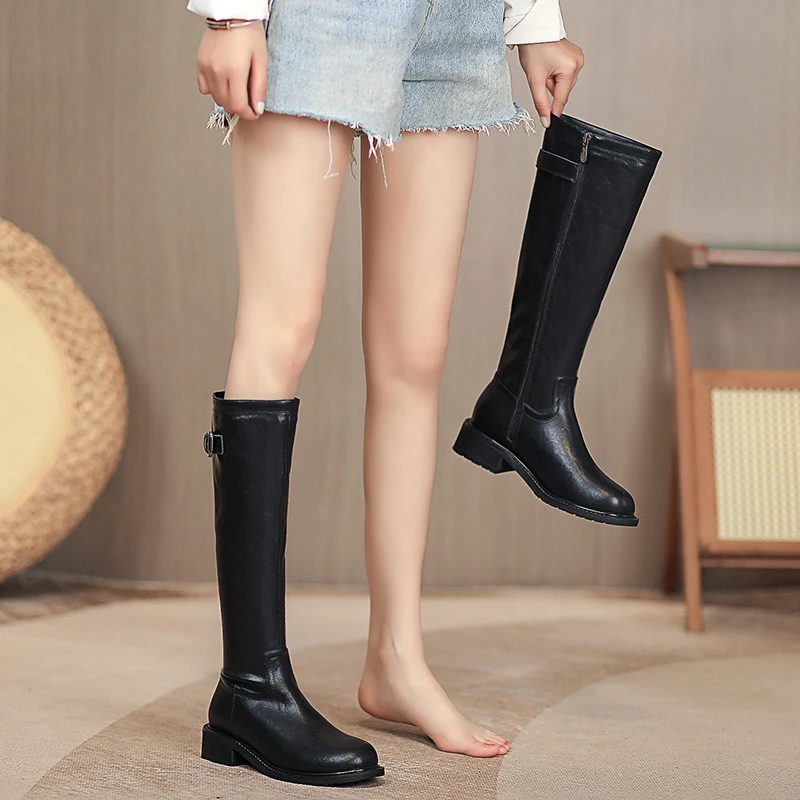 腿长密码~英伦秋冬圆头高筒骑士靴女粗跟低跟网红显瘦不过膝长靴