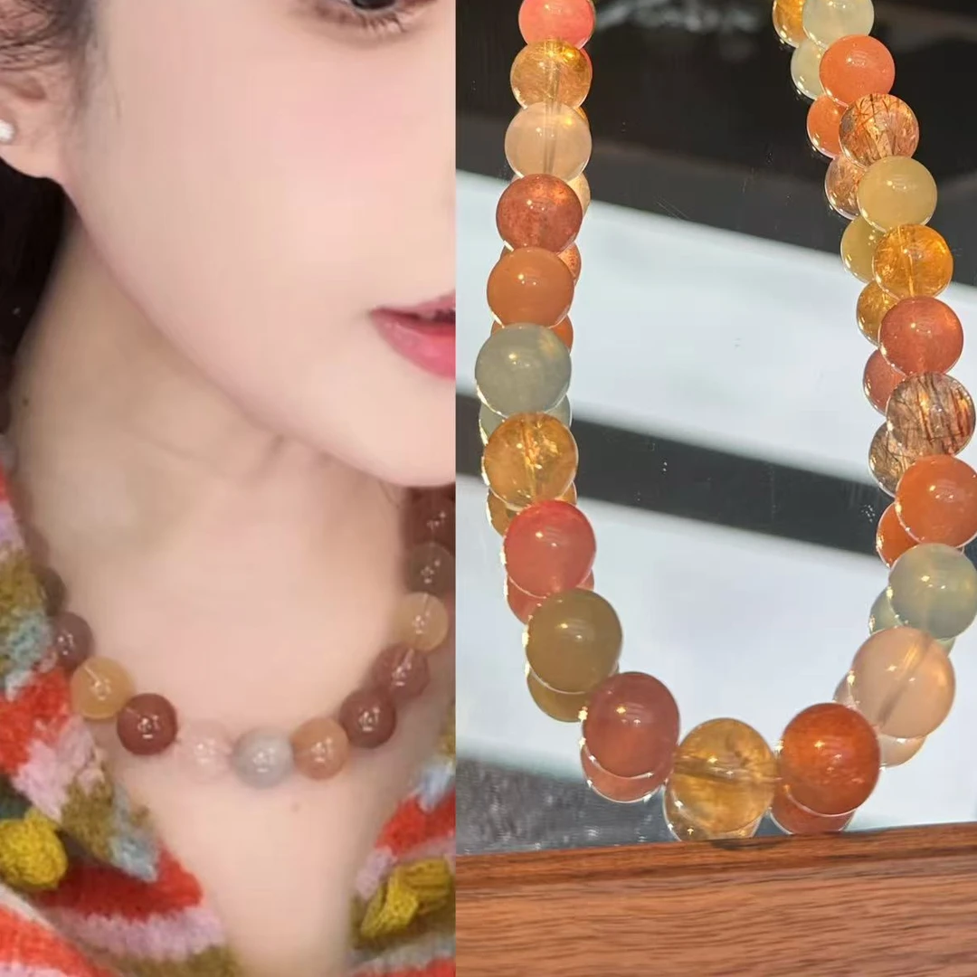 韦雪同款天然水晶项链女金草莓粉水晶多宝项链饰品