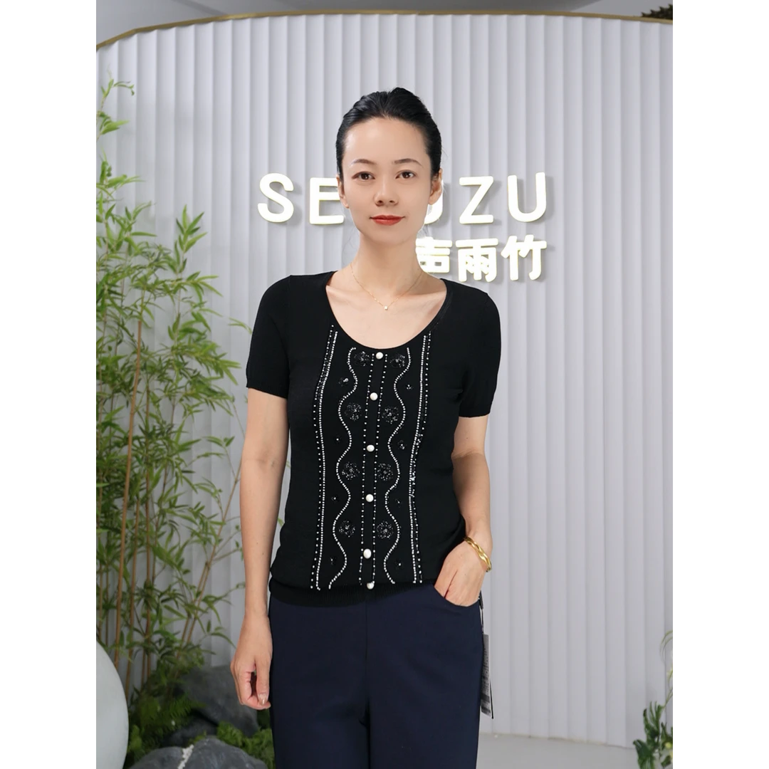 Shengyuzhu/声雨竹修身短袖U型领休闲风拼接T恤夏季经典黑色气质