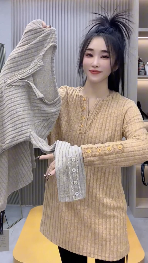 欧货冬季新款洋气V领针织衫中长款气质百搭时尚毛衣上衣女