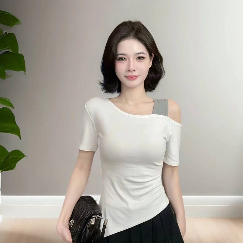 2025夏季新款小众时尚气质不规则上衣露肩修身显瘦休闲短袖T