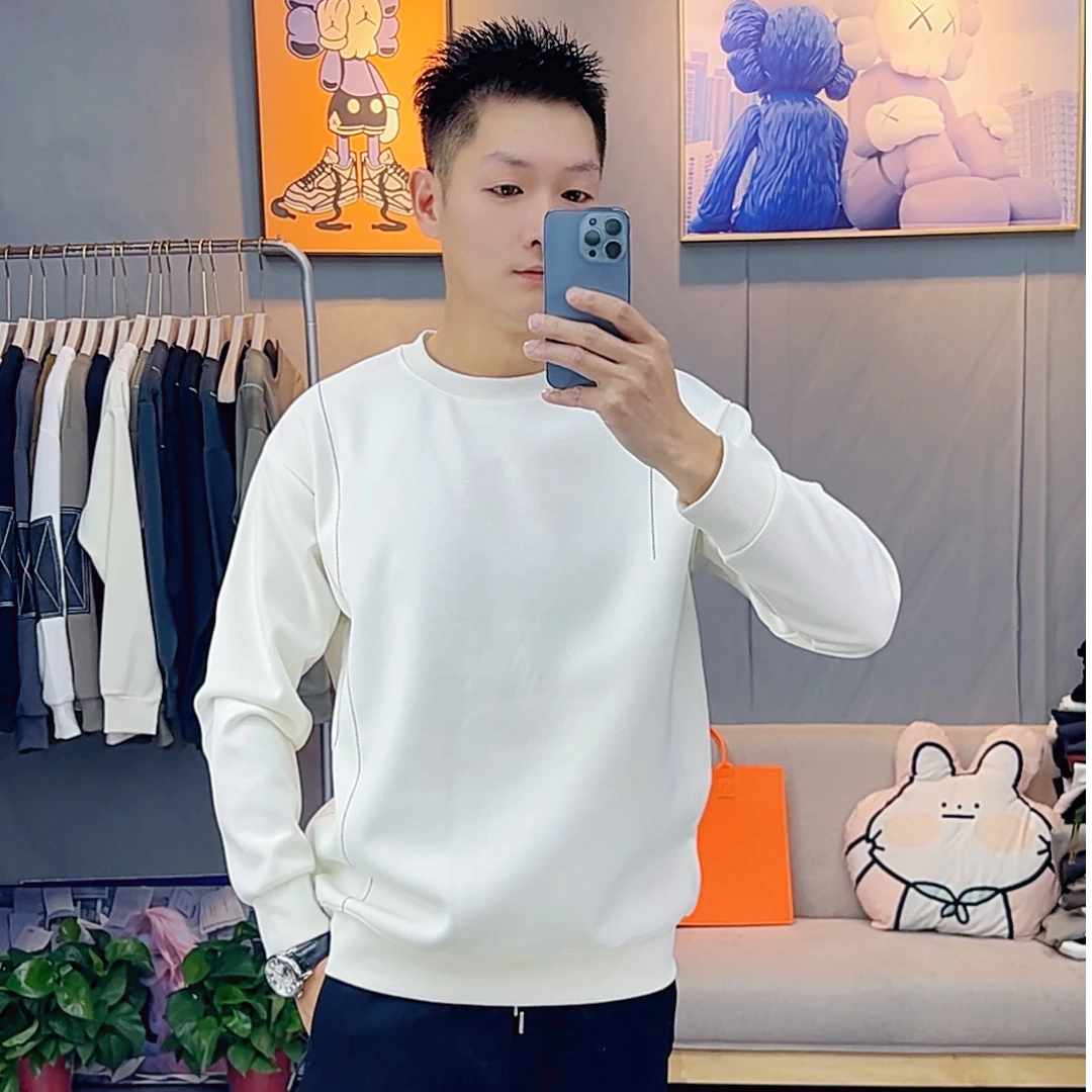 2025秋冬简约时尚休闲百搭明线设计双面棉圆领加绒男士长袖卫衣