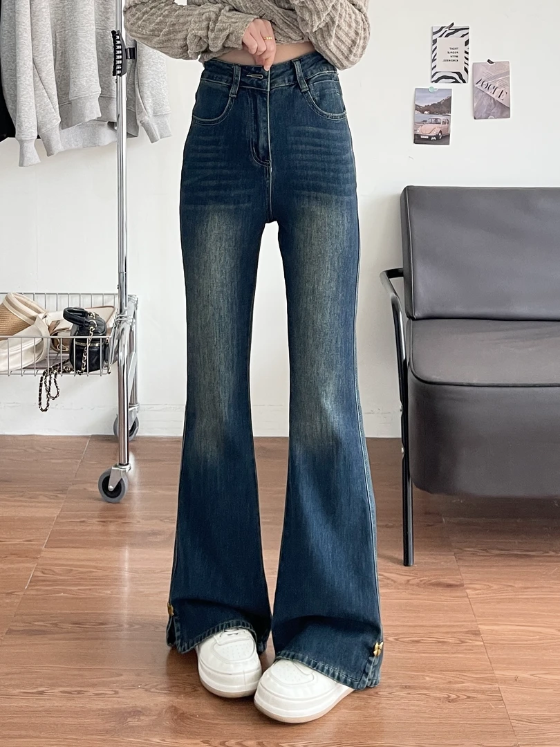 复古蓝2025秋冬新款加绒加厚美式侧开叉高腰显瘦微喇休闲牛仔裤女