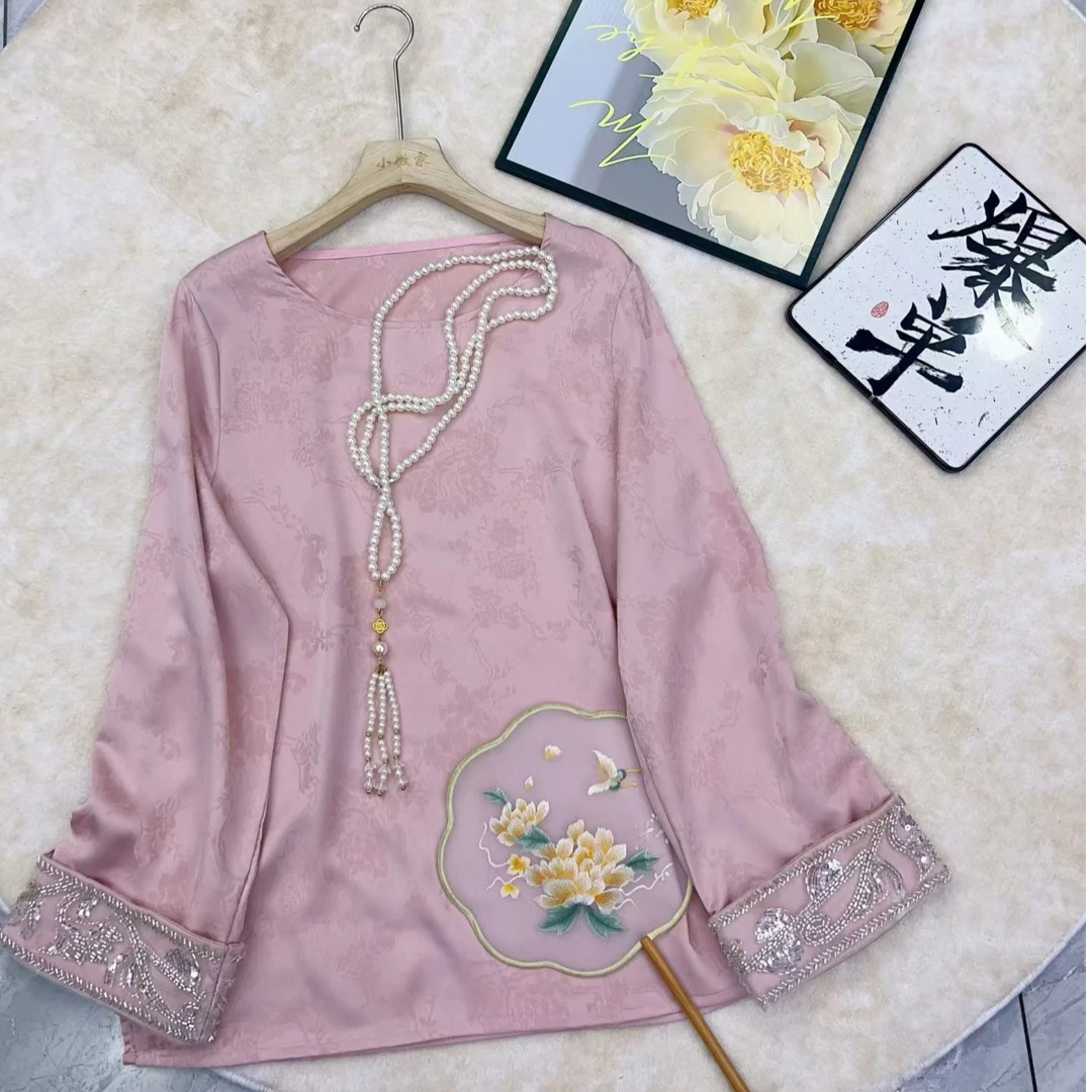 新中式国风高级感钉珠长袖衬衫女2025春新款洋气百搭圆领上衣