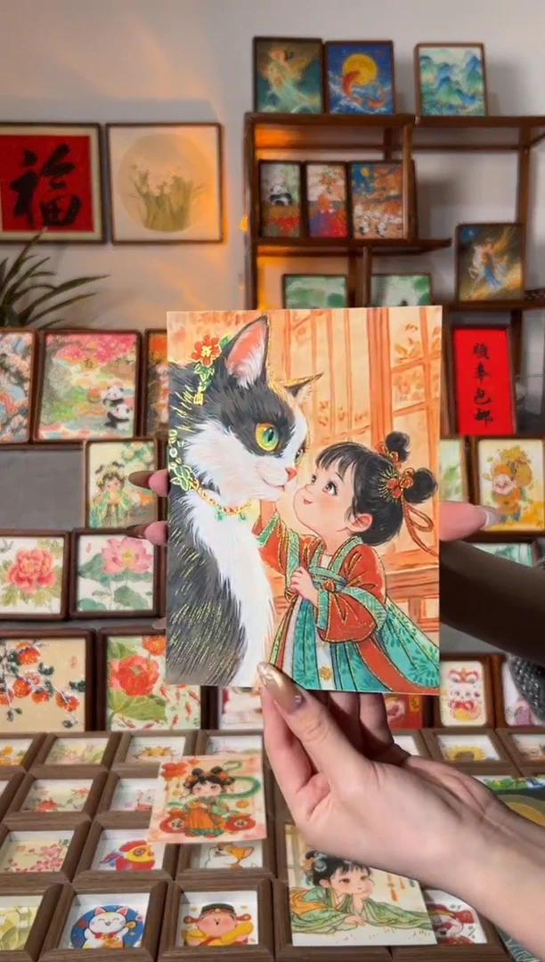 【闪购商品】国画奶牛猫咪女孩 手绘国画7寸画芯
