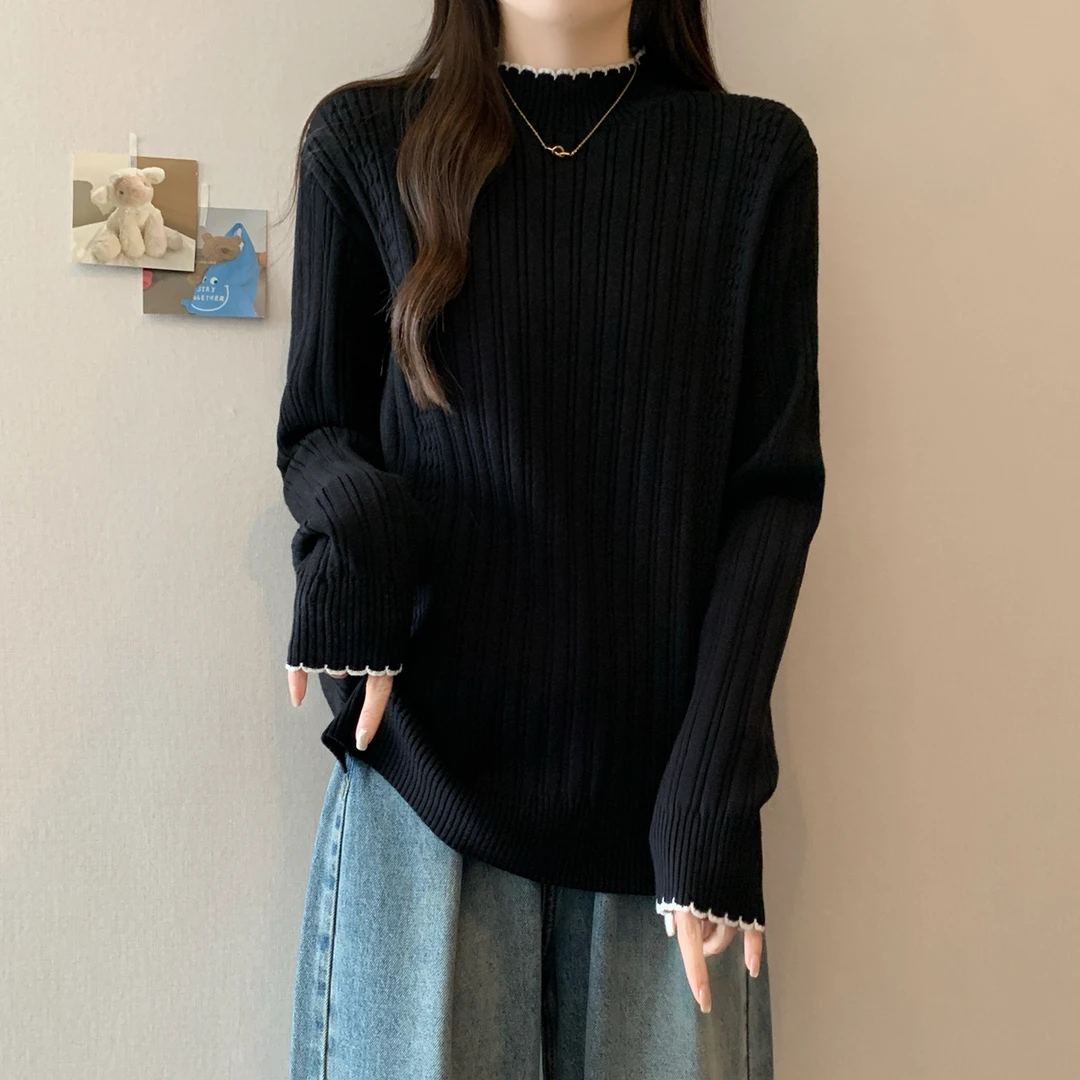 大码遮肚子半高领针织打底衫女秋冬胖MM宽松显瘦百搭洋气内搭毛衣