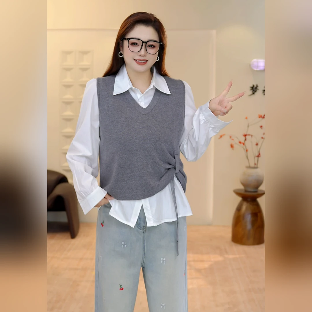 大码女装纯色设计感收腰显瘦简约百搭显瘦小心机胖mm遮肉针织背心