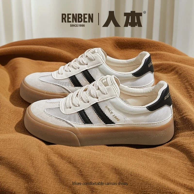 人本夏季透气德训鞋女2025新款网面女鞋百搭轻薄板鞋韩版小白鞋