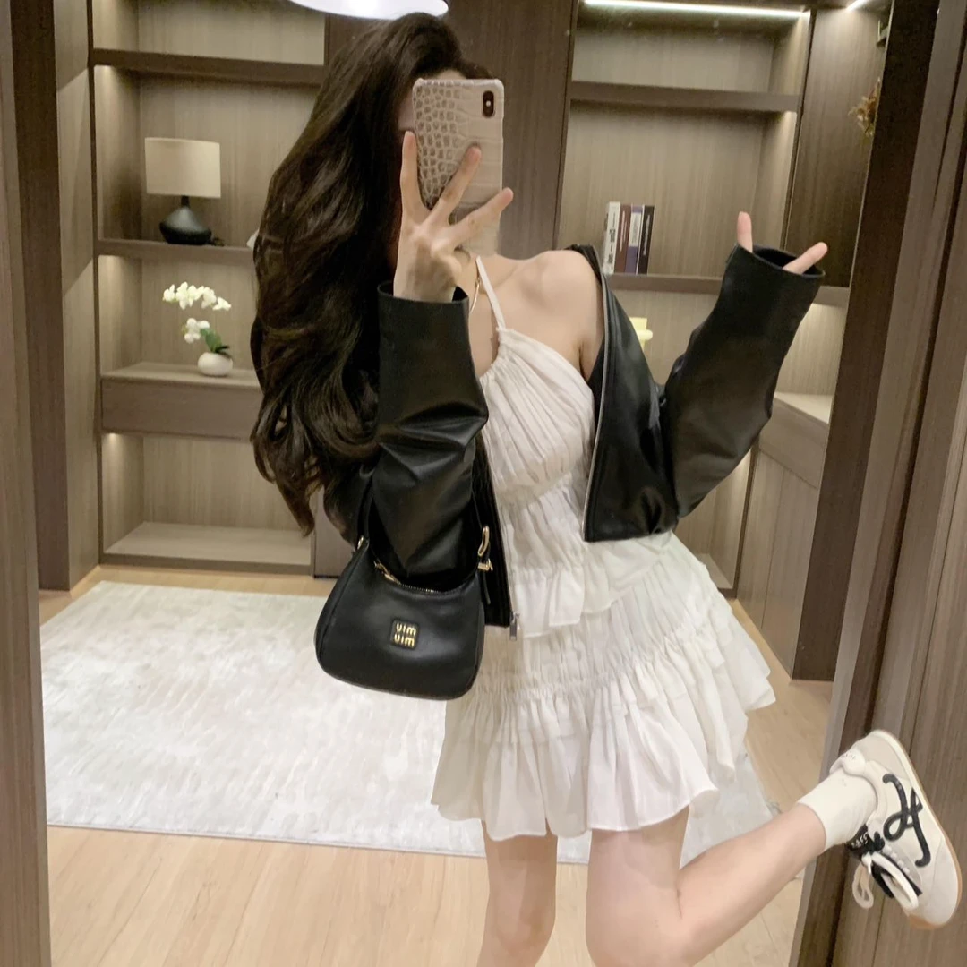 2025秋季新款酷讽风皮衣外套女小个子高级感辣妹吊带半裙三件套